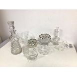 A collection of cut glass and crystal including thistle inspired decanter (33cm), two flower