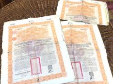 A group of Chinese Imperial Government Bond certificates, each for fifty pounds, text in English and