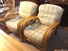 A pair of cane chairs with hoop backs and arms, with green geometric upholstered seat cushions,