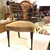 A 19thc Sheraton revival shield back side chair with inlaid harewood, purple heartwood, harebell and