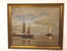 T Weddel, Fishing Boats at Rest, oil on canvas in gilt composition frame (39cm x 49cm)