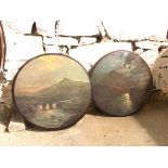 Two late 19thc painted circular panels, one depicting Figure on a Bridge, the other, Stream in a