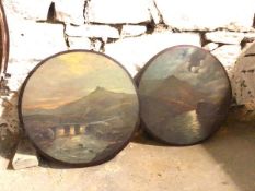Two late 19thc painted circular panels, one depicting Figure on a Bridge, the other, Stream in a