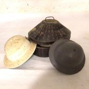 A Naval tolle oval dome top hat box, A. Cameron, RN, with canvas bound pith hat and WWII tin hat (