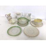 A collection of early to mid 20thc Beleek including two teacups, four saucers, two milk jugs, dish