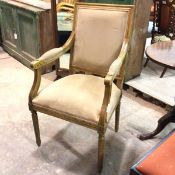 A reproduction beech wood fauteuil with square upholstered panel back, arms and seat, in suede style