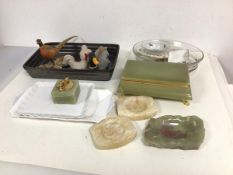 A mixed lot including a Ronson onyx table lighter (6cm x 6cm x 6cm), an onyx footed box, three stone