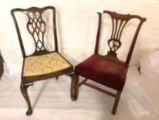 A George III elm side chair with pierced splat back (a/f) and stuffover seat in velvet plush, on