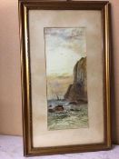 W.H. Earp, Figures in Boats with Cliffs, watercolour (45cm x 19cm)