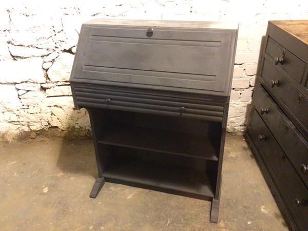 A grey painted pine writing desk, the interior with an arrangement of pigeonholes above a single