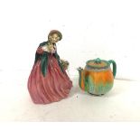 A 1930s Shelley china teapot (11cm x 17cm x 10cm), a Royal Doulton Lady Charmian figure (2)