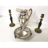 An Elkington & Co. Epns footed dish (3cm x 18cm), an Epns water jug and two brass and bronze