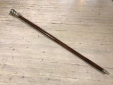 A malacca silver plated mounted walking cane with pommel style chased handle (97cm top: d.5cm)