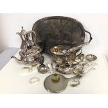 A collection of Epns including a drink's tray (52cm x 31cm), teapot, egg cups, spoons and tray,