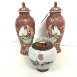 An early 20thc. pair of Chinese famille rose lidded vases, each with two panels depicting Mother and