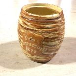 A 19thc pottery marbled ware storage jar with central shield Mrs Johnston 1898, missing top,
