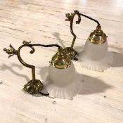 A pair of Edwardian cast brass pendant light fittings with opaque moulded glass crimped floral style