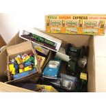 A collection of vintage toy cars and trains including a Corgi Chipperfields Circus Bedford