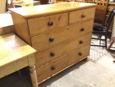 A 19thc pine chest, the rectangular top with moulded edge above two short and three long drawers, on