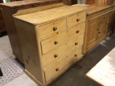 A 19thc ledgeback stripped pine chest, the top with moulded edge and rounded angles above two