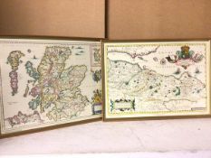 Two modern reproduction maps, one after Blaeu depicting Scotland, the other after Mercator,