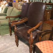 A pair of 19thc mahogany framed upholstered panel back and seat side chairs in brown hide with