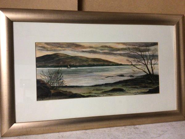 Ray Watson, Dusk over Loch Morlich, watercolour, signed bottom right, paper label verso (17cm x