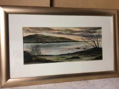 Ray Watson, Dusk over Loch Morlich, watercolour, signed bottom right, paper label verso (17cm x