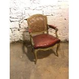 A Louis XV style fauteuil with cane back above a red leather seat and armrests, on cabriole supports