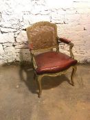 A Louis XV style fauteuil with cane back above a red leather seat and armrests, on cabriole supports