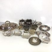 A collection of Epns including four footed shell shaped dishes, two with glass inserts (each: 3.