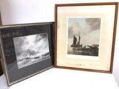 A coloured etching, Fishing Boats and Figures, signed bottom right (35cm x 27cm) and a