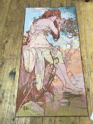 A Belgian machine made tapestry depicting a Mucha lady near waterside, with rail loops to top (140cm
