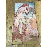 A Belgian machine made tapestry depicting a Mucha lady near waterside, with rail loops to top (140cm