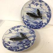 Two early 20thc blue and white Japanese plates with grey scale carp (31cm) (unmarked)