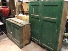 Ex Bennett-Levy sale: a 19thc green painted two part country house cabinet with twin panel doors