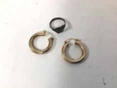 A pair of 9ct gold hoop earrings (3.4g) and a 1930s silver ring