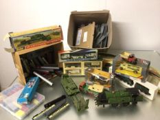 A large collection of model railway carriages etc., a Dinky diecast AEC Artic. Transporter with