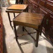 A pair of mahogany octagonal lamp tables, one with frieze drawer, both raised on square moulded