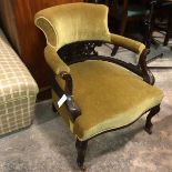 An Edwardian mahogany horseshoe back tub chair with upholstered scroll back, arms and stuffover
