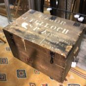 A pine iron bound box, with handles to side, with painted name Major J Tulloch, Hazel Cottage,