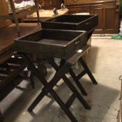 A pair of stained folding butler's stands complete with two handled tray (stand: 76cm. tray: 50cm