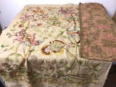 A linen panel worked with running stitch depicting Bird of Paradise and exotic floral and
