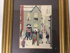 After L.S. Lowry, Figures outside the Police station, sewn work panel in gilt glazed frame (27cm x