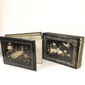 Two Japanese lacquered photograph albums, the covers with carved bone, mother of pearl peacock and