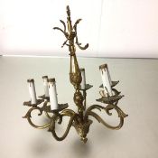 A French style brass cast six branch pendant light fitting with C scroll branches (52cm drop x