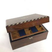 A Victorian rosewood mother of pearl and ebony inlaid workbox with inlaid shield and cypher MR
