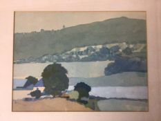 Peter Bourne RSW, Perthshire Landscape, signed in pencil, paper label verso (19cm x 26cm)