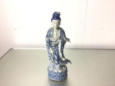 A modern Chinese blue and white decorated porcelain figure Guan Yin (38cm x base: 12cm x 9cm)