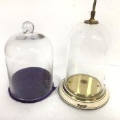 A glass dome complete with enamelled base (22cm) and a glass dome complete with purple base (